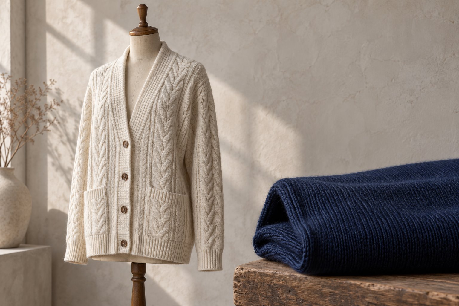 Three knitwear examples in different colors and stitch constructions