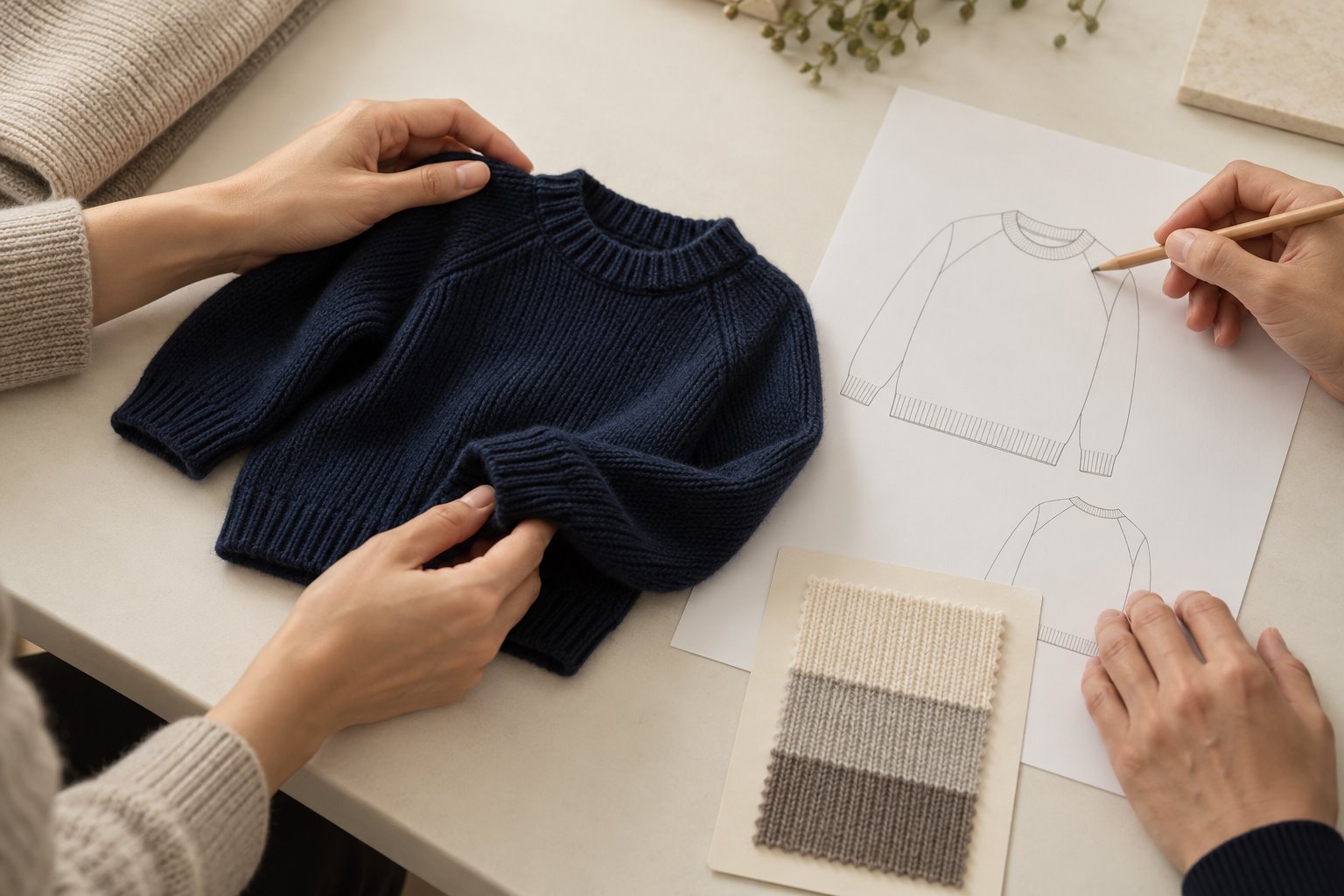 A knit sample and garment outline reviewed together during project planning