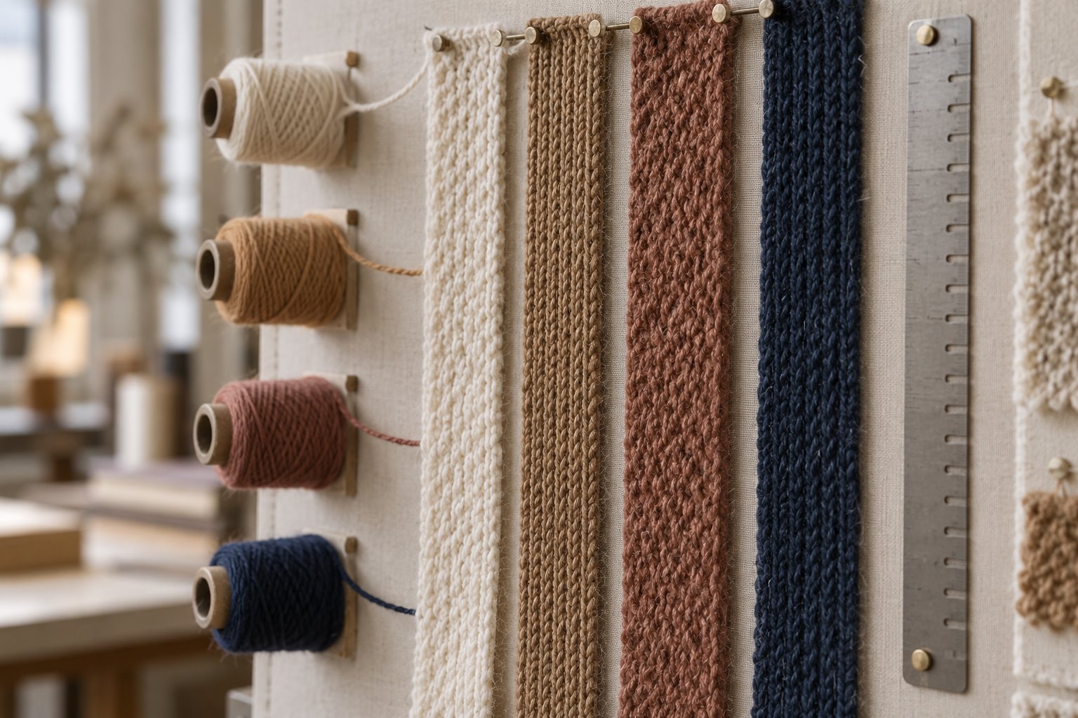 Knit swatches and yarn color samples arranged for product development